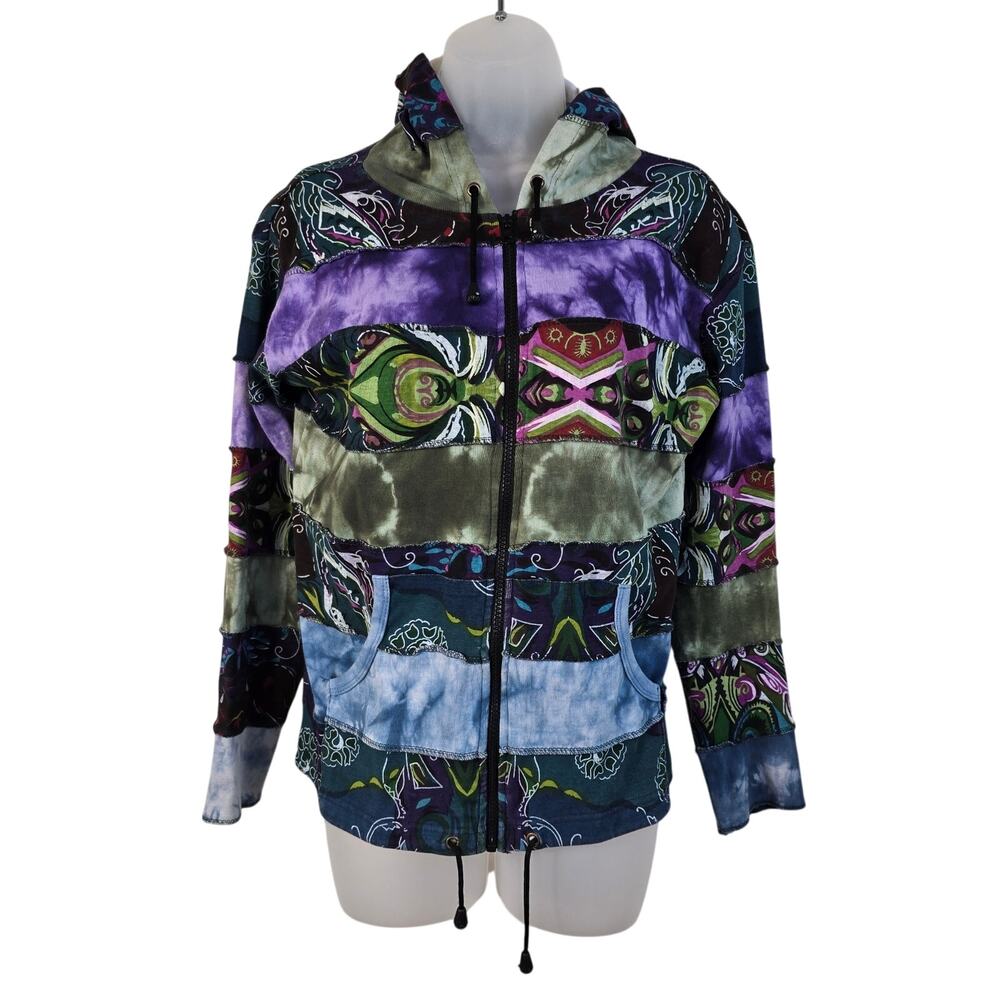 Pure Hooded Jacket Women's XL Multicolored Patchwork Art To Wear Artsy Boho